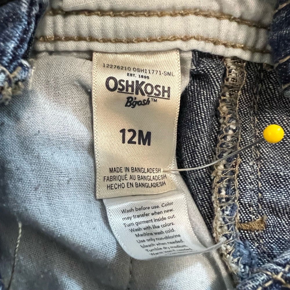 OshKosh Bib Overalls 12 months Blue Denim Pockets Embroidered Snap Up - Picture 12 of 15